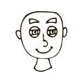 Cartoon doodle linear bald happy face isolated