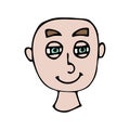 Cartoon doodle linear bald happy face isolated