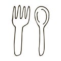 Cartoon doodle linear fork and spoon isolated on white background