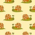 Cartoon doodle linear happy snail seamless pattern.