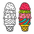Cartoon doodle linear ice cream in a cone