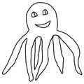 Cartoon doodle linear smiling octopus isolated on white background.