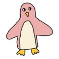 Cute pink cartoon doodle linear penguin isolated on white background. Royalty Free Stock Photo