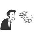 cartoon doodle person looking at leaf blowing by the wind Royalty Free Stock Photo