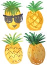 Cartoon doodle pineapples. Hand drawn marker illustration