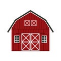 Cartoon doodle red wooden barn house, gray roof, windows and doors with crossed white boards. Vector Outline isolated hand drawn Royalty Free Stock Photo