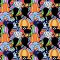 Cartoon doodle seamless Halloween pumpkins and cat and monsters pattern for wrapping paper and fabrics