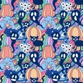 Cartoon doodle seamless Halloween pumpkins and cat and monsters pattern for wrapping paper and fabrics