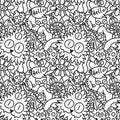 Cartoon doodle seamless monster and cat and frogs and snails pattern for fabrics and linens and kids clothes print