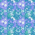 Cartoon doodle seamless monster and cat and frogs and snails pattern for fabrics and linens and kids clothes print