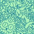 Cartoon doodle seamless monster and cat and frogs and snails pattern for fabrics and linens and kids clothes print