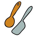 Cartoon doodle spatula and table spoon isolated on white