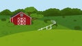 Cartoon doodle vector cute summer or spring farm in countryside. Red barn, white fence, green fields and trees, bushes and plants