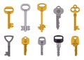 Cartoon door keys. Vintage and modern key, home, apartment, car or mail box keys. Hand drawn keys flat vector illustration set Royalty Free Stock Photo