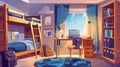 Cartoon dorm room with bunk bed, desk with laptop, office chair, bookshelf, desk and chair. Modern cartoon interior of Royalty Free Stock Photo