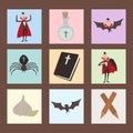 Cartoon dracula vector coffin symbols vampire icons character funny man comic halloween and magic spell witchcraft ghost