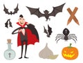 Cartoon dracula vector coffin symbols vampire icons character funny man comic halloween and magic spell witchcraft ghost