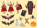 Cartoon dracula vector coffin symbols vampire icons character funny man comic halloween and magic spell witchcraft ghost