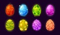 Cartoon Dragon Eggs, Dinosaur And Reptile Ui Game Assets Set. Magic Collection With Colorful Textured, Pimpled