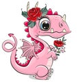 Cartoon Dragon with flower isolated on a white background Royalty Free Stock Photo