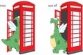 Cartoon dragon goes into and out of telephone box. English grammar in pictures
