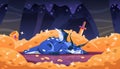 Cartoon dragon on gold. Fairy tale creature beast lying on pile of treasures in dark cave. Flying dinosaur character. Reptile Royalty Free Stock Photo