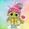 Cartoon Dragon in Knitted hat with a heart on rainbow background Royalty Free Stock Photo