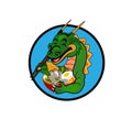 The cartoon dragon mascot eats ramen vector illustration