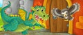 Cartoon dragon near castle entrance illustration Royalty Free Stock Photo