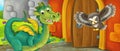 Cartoon dragon near castle entrance illustration Royalty Free Stock Photo