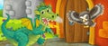 Cartoon dragon near castle entrance illustration Royalty Free Stock Photo