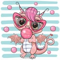Cartoon Dragon with pink sun glasses on striped background Royalty Free Stock Photo