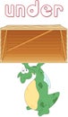 Cartoon dragon stands under a box. English grammar in pictures