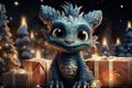 Cartoon dragon symbol of 2024 year in a snowy fairytale forest with gift box and copy space