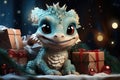 Cartoon dragon symbol of 2024 year in a snowy fairytale forest with gift box and copy space