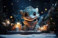 Cartoon dragon symbol of 2024 year in a snowy fairytale forest with gift box and copy space