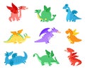 Cartoon dragons. Fairy tale dragon, funny reptile with wings. Cute flying monster. Colorful baby magic creature, fantasy