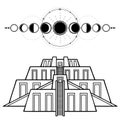 Cartoon drawing: ancient sacred Zikkurat, phases of the moon.