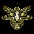 Cartoon drawing: beautiful winged woman in a horned crown, a character in Assyrian mythology.