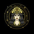 Cartoon drawing: beautiful woman in a horned crown a character in Assyrian mythology. Ishtar Astarta Inanna.