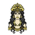 Cartoon drawing: beautiful woman in a horned crown, a character in Assyrian mythology.