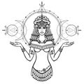 Cartoon drawing: beautiful woman in a horned crown, character in Assyrian mythology.