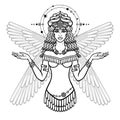 Cartoon drawing: beautiful woman in a horned crown, character in Assyrian mythology.