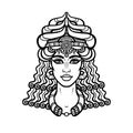Cartoon drawing: a beautiful woman in a horned crownCartoon linear drawing: beautiful woman, ancient mystical mermaid.
