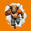 Cartoon drawing of a bull in an orange uniform, an american football player