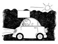 Cartoon Drawing of Car Driving Through Smog and Man Holding Empty Sign