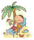 Cartoon drawing child sunbathing at the beach under a palm tree Royalty Free Stock Photo