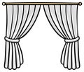 Cartoon drawing of classic white window curtains with tie backs on a drapery rod Royalty Free Stock Photo