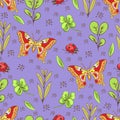 Cartoon drawing colorful insects, flowers and plants seamless pattern, floral background. Bright multi-colored butterflies, Royalty Free Stock Photo
