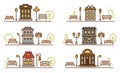 Cartoon drawing coloring facade and adjacent parks. Outline stylized vector cityscape template. Park and city design